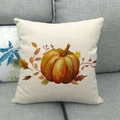 Detail of linen pillowcase with autumn pumpkin and dry leaf print on grey fabric sofa - Autumn Pumpkin Leaves Style (15)