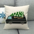 Linen Christmas pillow cover with vintage black van and green tree on a gray sofa - Vintage Van Christmas Tree Style (16)