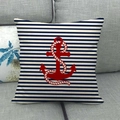 Minimalist nautical linen pillowcase with anchor design on blue and white stripes - Navy White Horizontal Stripes Red Anchor