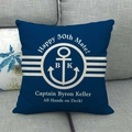 Custom nautical anchor linen pillowcase with blue background and captain design on sofa - Navy Custom Text (Happy 50th Mate)