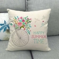 Linen cushion cover with bicycle flower print and hummingbird on grey sofa - 45x45cm / Bicycle Hummingbird Style (4)