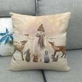 Detailed texture of linen pillowcase with winter snowman and forest animals print - 45x45cm / Snowman and Forest Animals Style (7)