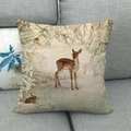 Linen pillowcase with watercolor forest deer and rabbit on a grey sofa background - 45x45cm / Watercolored Winter Forest Style (8)