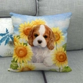 Dettaglio fodera cuscino lino con King Charles Spaniel e design di girasoli - Stile Cavalier King Charles Spaniel e Girasole (2) / 45x45cm