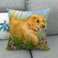 Fodera per cuscino in lino con cucciolo di Golden Retriever su un divano in tessuto grigio - Stile Golden Retriever nell'erba (11) / 45x45cm