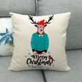 Funda de cojín navideña de lino con diseño de reno y texto de Merry Christmas - Estilo Reno Con Suéter Azul (4)