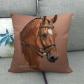 Linen cushion cover with realistic horse head print in warm brown on a grey sofa - 45x45cm / Deep Brown Realistic Horse Head (3)