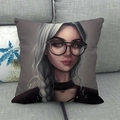 Close-up of modern girl illustration on a square linen throw pillow on grey sofa - 18x18 Inch / Dark Gray Glasses Braided Girl Style (7)