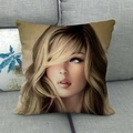Detailed texture of a linen throw pillow cover featuring a portrait of a blonde woman - 18x18 Inch / Fine Blonde Portrait Painting Style (8)
