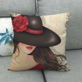 Detail of artistic girl with rose hat print on linen square cushion cover on sofa - 18x18 Inch / Vintage Red Rose Black Hat Girl Style (9)