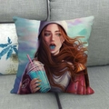 Linen pillowcase with modern girl illustration on a gray sofa in high resolution - 18x18 Inch / Beanie Purple Jacket Blue Tongue Girl Style (11)