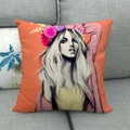 Linen pillowcase with modern female fashion illustration and flower crown on orange base - 18x18 Inch / Bright Orange Hand-Drawn Wreath Girl Style (12)