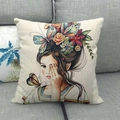 Linen pillowcase featuring an artistic girl with floral hair on a gray fabric sofa - 18x18 Inch / Girl with Butterflies and Flowers Style (1)