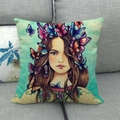 Linen pillowcase with artistic girl and butterfly illustration on a light cyan base - 18x18 Inch / Pale Cyan Butterfly Girl Style (2)
