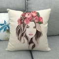 Linen square pillowcase featuring artistic woman illustration with pink flower crown - 18x18 Inch / Pink Flower Crown Girl Style (4)
