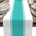Modern white table runner with central teal stripes on a dark wood dining table - Teal And White Decorative Stripes (款式--5)