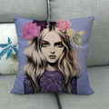 Linen pillowcase with artistic flower girl illustration in purple on a grey sofa - 18x18 Inch / Purple Floral Curly Hair Girl Style (5)