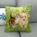 Fodera per cuscino in lino con gatto e golden retriever su sfondo verde ad acquerello - Stile Interazione Gatto Cane Sfondo Verde (7) / 45x45cm