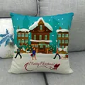 Housse de coussin en lin Joyeux Noël avec décor de neige sur canapé gris moderne - Illustration de Ville d'Hiver de Noël (16) / 45x45cm