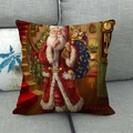 Fodera per cuscino in lino con Babbo Natale vintage e sacco blu su un divano grigio - 45x45cm / Stile Babbo Natale sulle scale facendo silenzio (6)