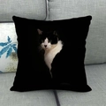 Detailansicht eines Leinenkissens mit Katzenmotiv auf einem grauen Sofa im Wohnzimmer - Quadratisch / Kuh Katze Porträt