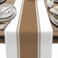 Modern white table runner with brown stripes and decorative edges on a wooden table - White And Coffee Stripe Decoration (款式-12)