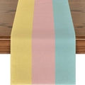 Striped table runner featuring bright yellow, pink, and blue vertical stripes on dark wood - Yellow Pink And Blue Triple Color Stripes (款式-13)