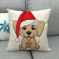 Linen Christmas pillow case featuring a cartoon puppy in Santa hat on a grey sofa - Christmas Theme Vivid Puppy (13)