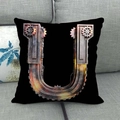 Fodera per cuscino Steampunk lettera U con ingranaggi 3D su cuscino quadrato nero in lino - 45x45cm / Lettera U Stile Steampunk Industriale Meccanico / Nero