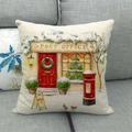 Detail of vintage Christmas post office print on linen throw pillow cover on sofa - Vintage Post Office (4)