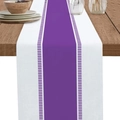 Striped purple and white fabric table runner displayed on a rustic wooden dining table - White And Purple Patchwork Stripes (款式-14)