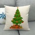 Linen Christmas pillow case with green tree and gift boxes on gray sofa backdrop - Christmas Tree Gift Box Style