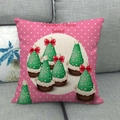 Pink linen Christmas pillow case featuring white polka dots and sweet dessert tree prints - Pink Polka Dot Dessert Style