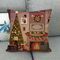 Linen Christmas pillowcase featuring a festive fireplace and tree on a grey sofa - Warm Fireplace Panorama Style