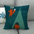 Cartoon fox and tent linen pillowcase on grey sofa for home decoration - Fox Tent Style (6)