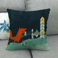 Detail of Nordic fox illustration on linen cushion placed on a grey fabric sofa - Fox Geometric Woods Style (8)