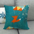 Close-up of linen pillowcase with cartoon fox illustration on gray fabric sofa - Geometric Flying Fox Style (12)