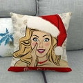 Christmas linen pillowcase featuring a pop art woman illustration and Merry Christmas text - Pop Art Red Hat Woman Style