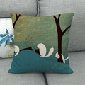 Close-up of whimsical cartoon squirrel and tree pattern on a teal linen throw pillow cover. - Squirrel Rabbit in Forest (6) / 45x45cm