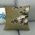 Detailed texture of linen pillowcase featuring cartoon rabbits and floral branches - Olive Green Fresh Rabbit (8) / 45x45cm