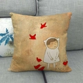 Linen pillow cover with artistic girl and birds illustration on a gray fabric sofa - Girl in Cloak and Red Birds (16) / 45x45cm