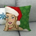 Christmas linen pillowcase with pop art woman in Santa hat on gray sofa - Pop Art Green Background Woman Style