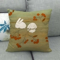 Cartoon white rabbits on branches illustration printed on a linen square pillow cover - Rabbits Resting on Branch (14) / 45x45cm