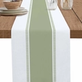 Modern sage green and white striped table runner on a rustic wooden dining table - Sage Green And White Stripes (款式-18)