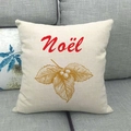 Beige linen Christmas pillow cover with red Noel text and botanical berry prints - Noël Plants Berries Style