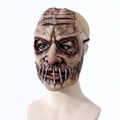 Close-up of scary Halloween latex mask with metal mouth stitching and realistic wrinkles - Horror Mask