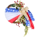 Patriotic USA Independence Day wreath with burlap bow and flag fabric on grapevine base - Dead Branch Fabric Wrapped Wreath