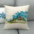 Close-up of linen pillow with watercolor landscape on gray sofa for home decor - Watercolor House Landscape Style (10)