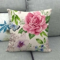 Floral linen throw pillow cover with pink roses and blue butterfly on a gray sofa - 45x45cm (No Insert) / Beige Pink Rose Butterfly (1)