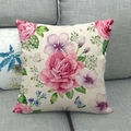 Close-up of floral linen cushion cover with pink roses and butterflies on a grey sofa - 45x45cm (No Insert) / Beige Pink Rose Hydrangea Butterfly (2)
